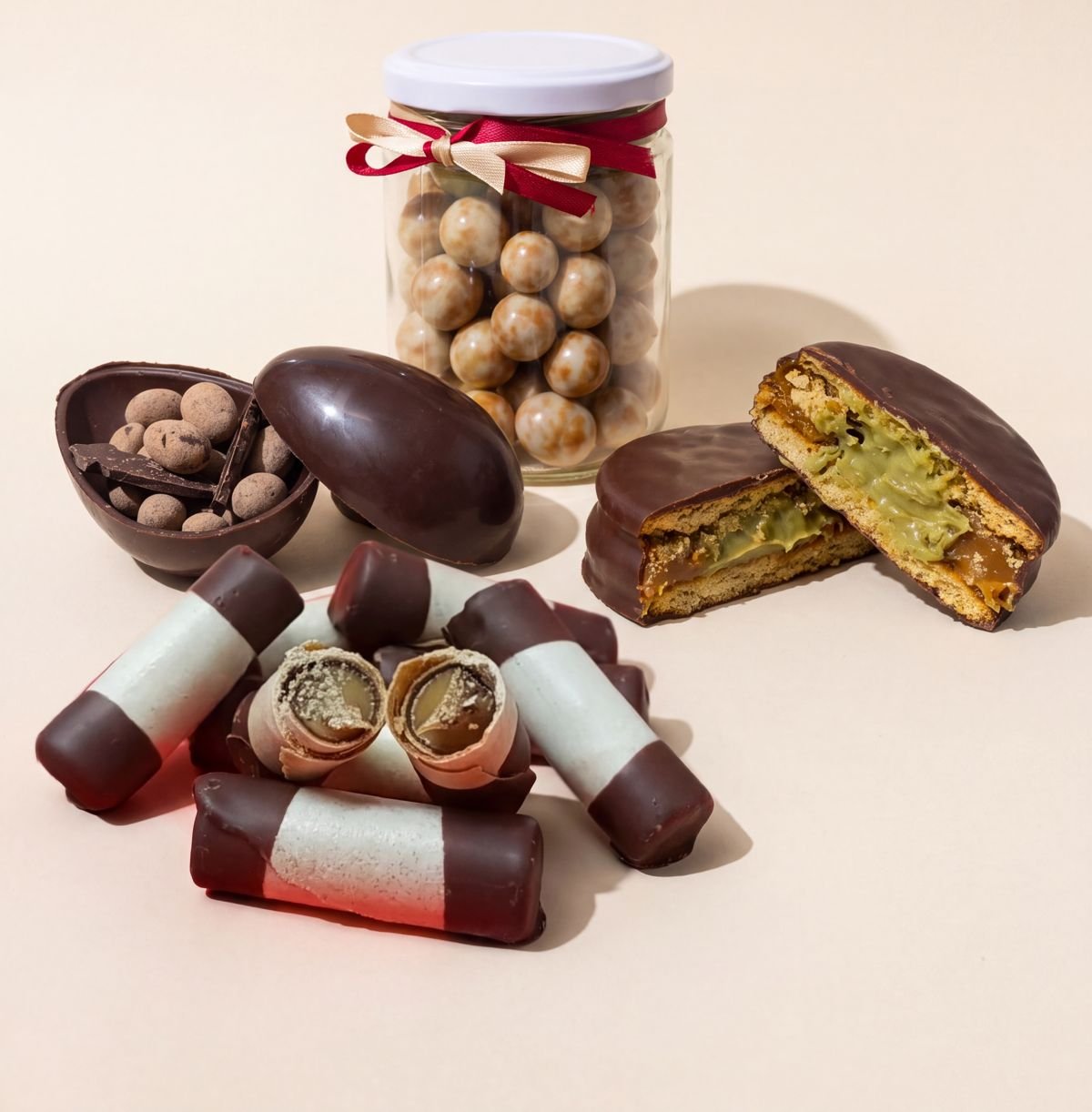 Barquillos, grageas, huevo de Pascua y alfajor de Alsacia Chocolat